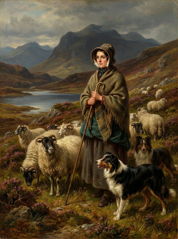 Portrait of a rural shepherd woman with a staff among sheep and a herding dog in a mountainous moorland landscape.