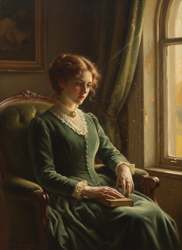 Portrait of a woman in a green Victorian dress seated in an armchair by a window with a book.