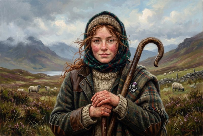 Young shepherd girl in a plaid cloak holding a crook in a Highland landscape.