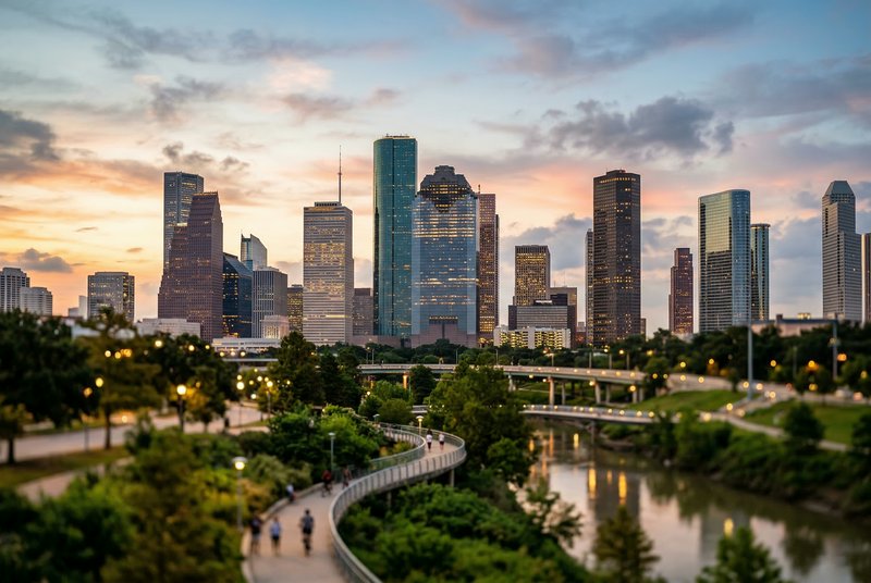 City skyline at sunset with a winding riverside path and green park in the foreground.