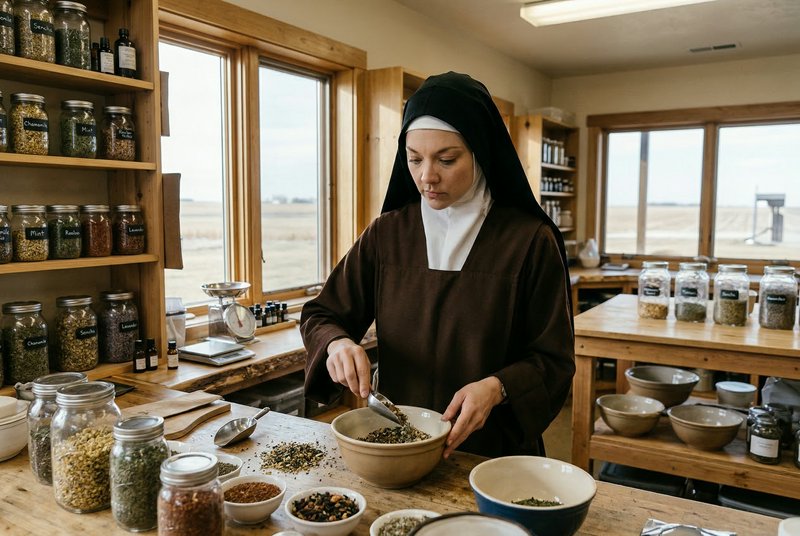 A nun in brown habit and white veil mixing ingredients in a ceramic bowl inside a spice-filled kitchen.