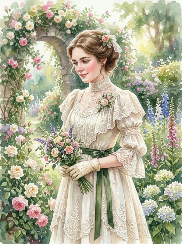 Vintage-clad woman in lace dress holding a bouquet in a blooming garden.