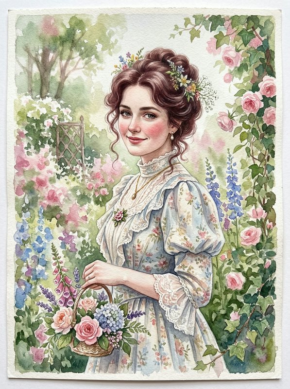 Vintage-style illustration of a woman in a floral dress holding a basket amid a lush garden.