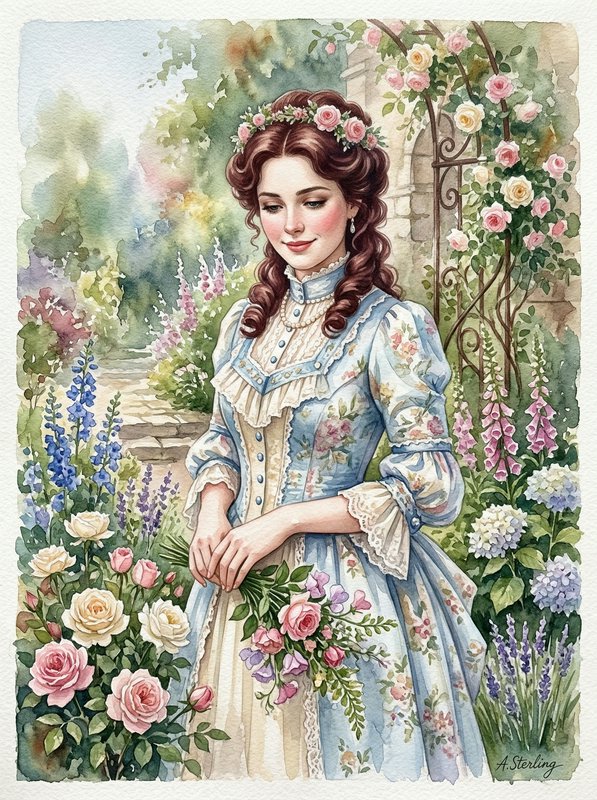 Victorian-era woman in a pastel blue floral dress in a lush garden, holding a bouquet among roses and lavender.