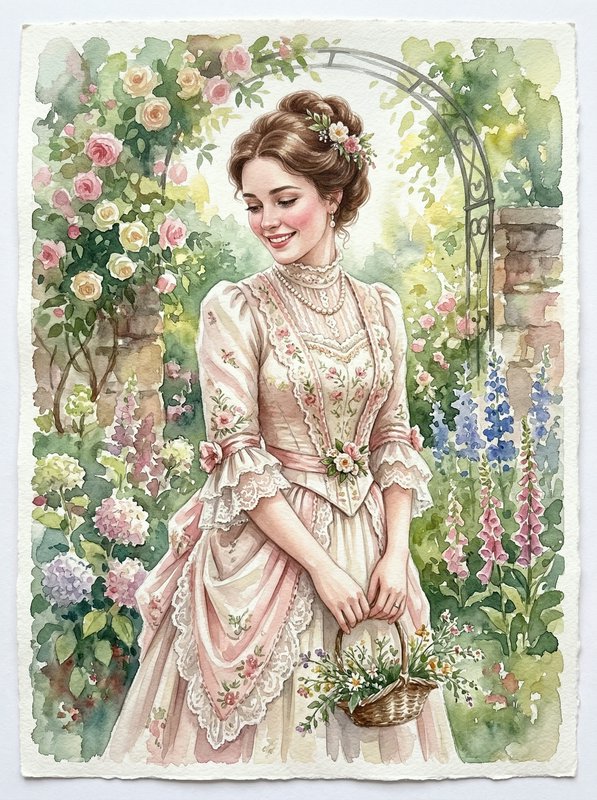 Vintage watercolor illustration of a woman in a pink Victorian dress in a blooming garden.