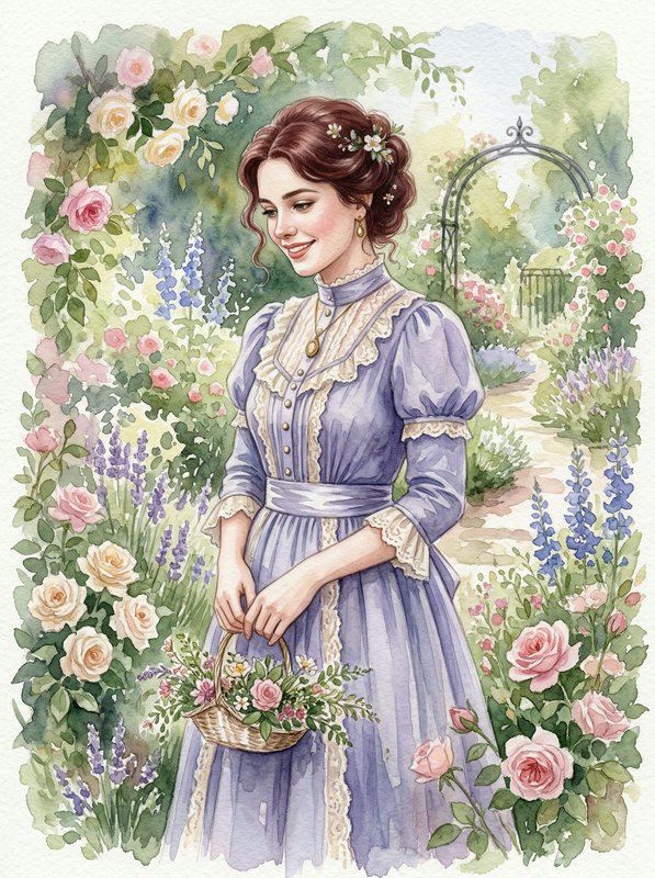 Woman in a lavender Victorian dress walking in a lush, flower-filled garden with a basket.
