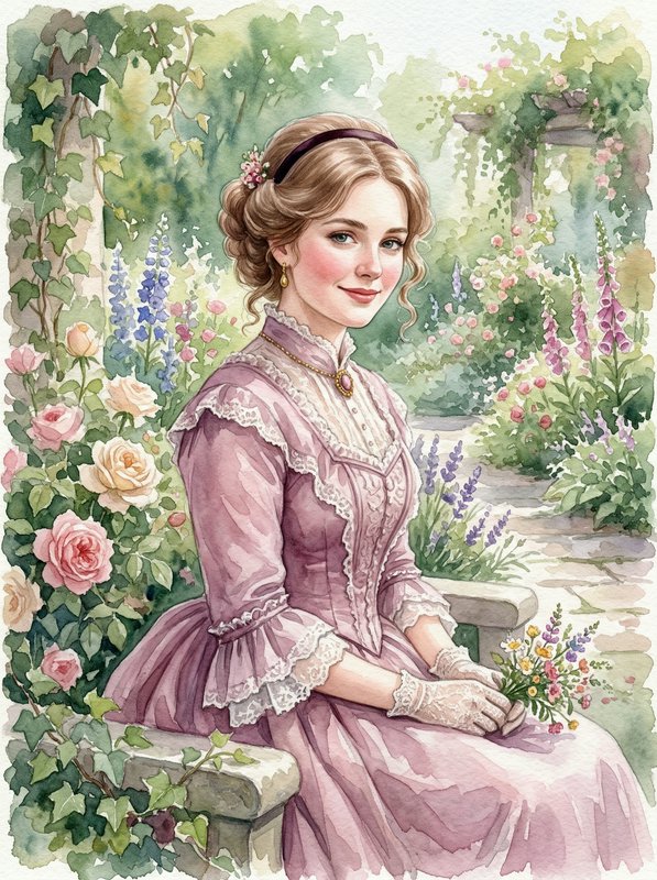 Watercolor illustration of a Victorian-era woman in a pink lace dress sitting on a garden bench among roses and blooms.