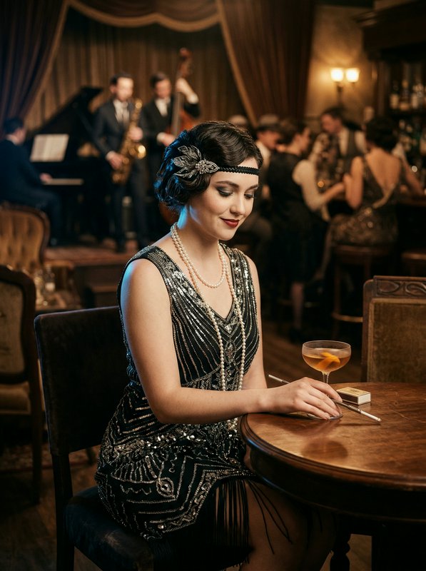 Woman in 1920s flapper dress with headband and pearls at a jazz-age speakeasy.