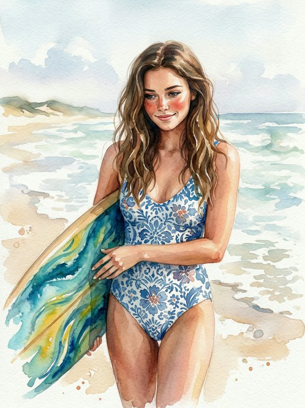 Watercolor illustration of a woman in a blue floral swimsuit holding a colorful surfboard on a sandy beach.