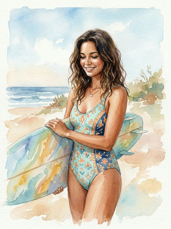 Watercolor illustration of a woman in a turquoise patterned swimsuit holding a surfboard on a sunny beach.