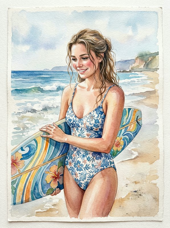 Watercolor illustration of a smiling woman in a floral one-piece swimsuit holding a colorful surfboard on a sunny beach