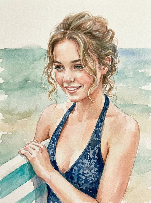 Watercolor illustration of a smiling woman in a blue halter swimsuit at the beach, holding a surfboard.
