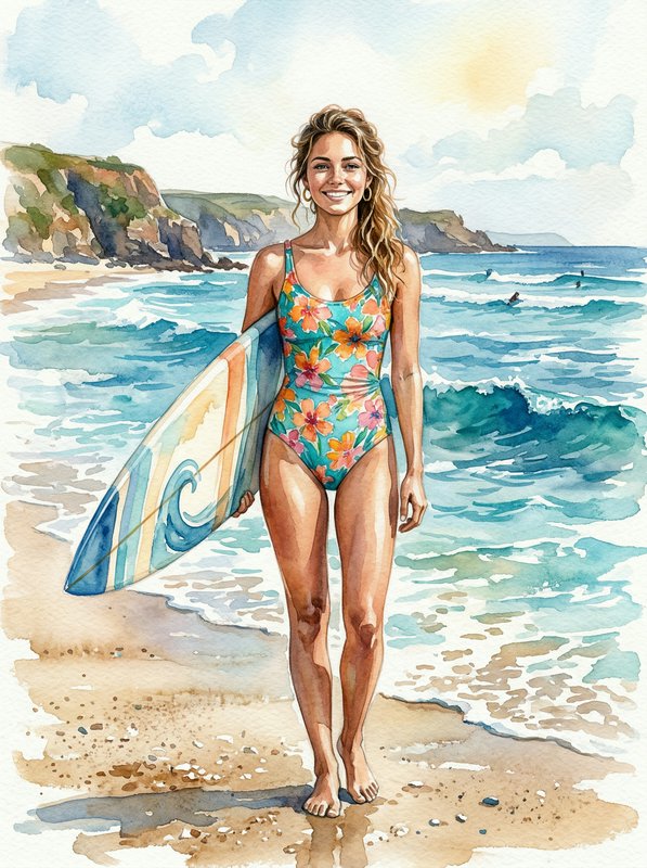Watercolor illustration of a smiling woman in a floral swimsuit holding a surfboard on a sunny beach.