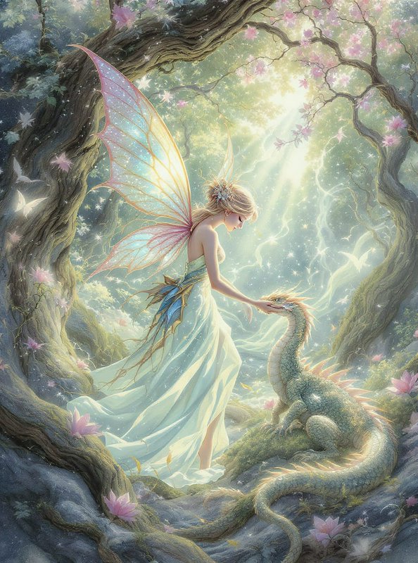Delicate fairy in pale blue dress with iridescent wings meets a dragon in an ethereal forest.