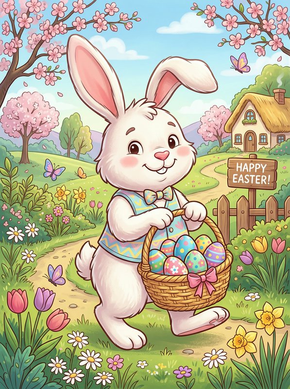 Adorable white Easter bunny carrying a basket of colorful eggs in a spring garden.
