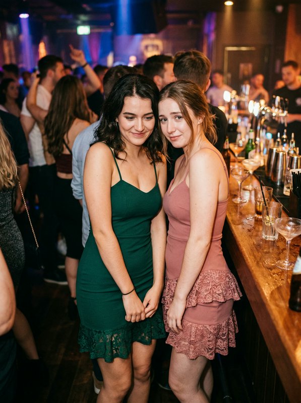 Two young women in dresses posing at a crowded bar in a lively nightlife scene