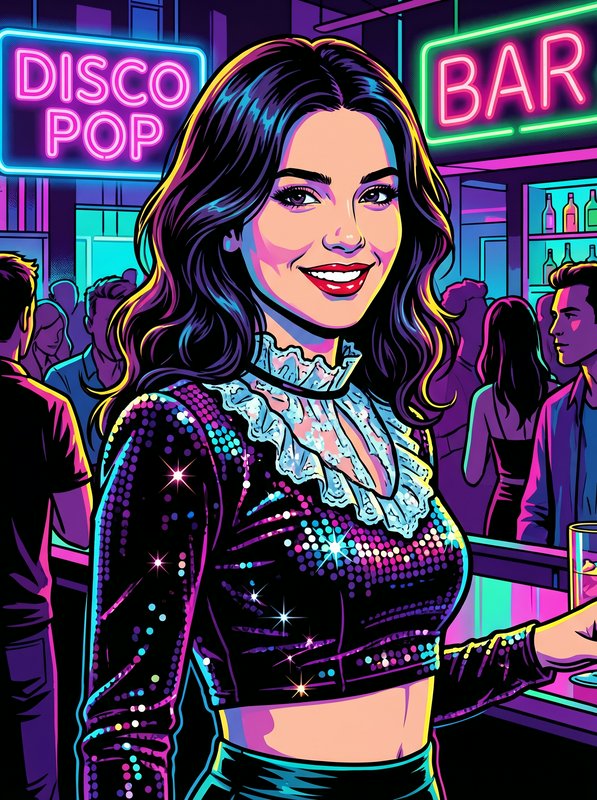 Illustration of a woman in a sequined crop top at a neon-lit disco bar with bright signs
