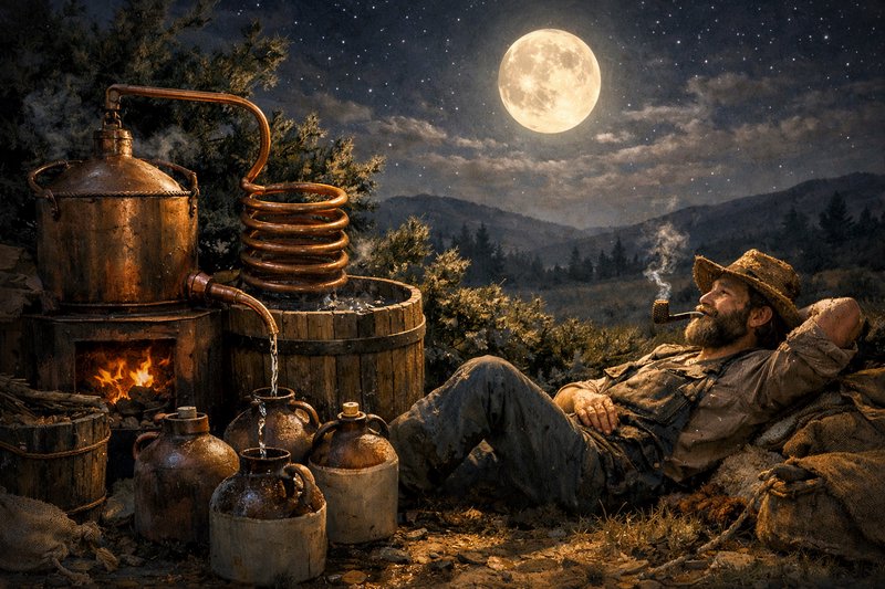 Moonlit night scene with a rustic copper still and a bearded man relaxing by a campfire.