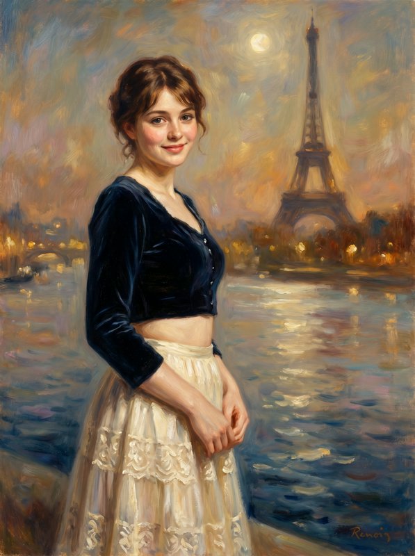 Portrait of a smiling young woman in a dark velvet top and lace skirt beside the Seine with the Eiffel Tower at dusk