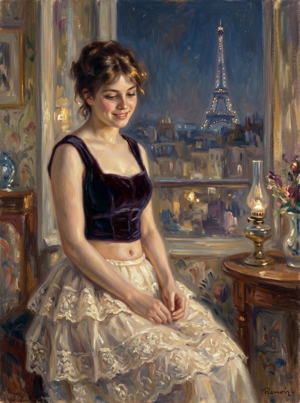 A young woman in a velvet black top and lace skirt sits by a window overlooking Paris with the Eiffel Tower at night.