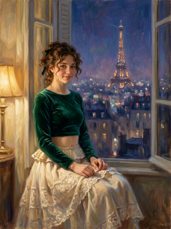 Young woman in a green velvet top and white lace skirt sits by a lit window with Paris skyline and the Eiffel Tower at night.
