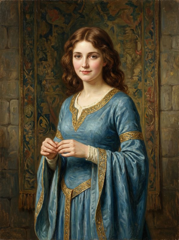 Young woman in a blue medieval dress with gold trim standing in front of a tapestry background.
