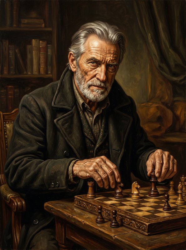 Portrait of an elderly man with gray hair and beard playing chess in a dark, book-filled study.