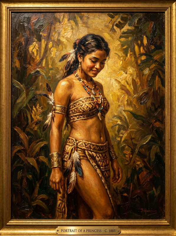 Oil painting of a tropical princess in tribal attire amid sunlit jungle foliage.