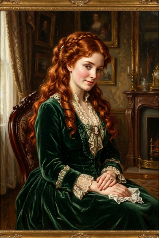 Portrait of a young woman with long red hair in a green velvet Victorian dress with lace, seated indoors.