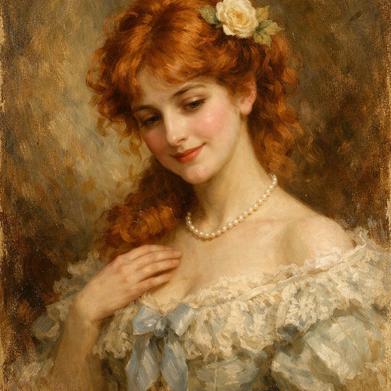 Soft portrait of a rosy-cheeked red-haired woman with a pearl necklace and lace off-the-shoulder dress.