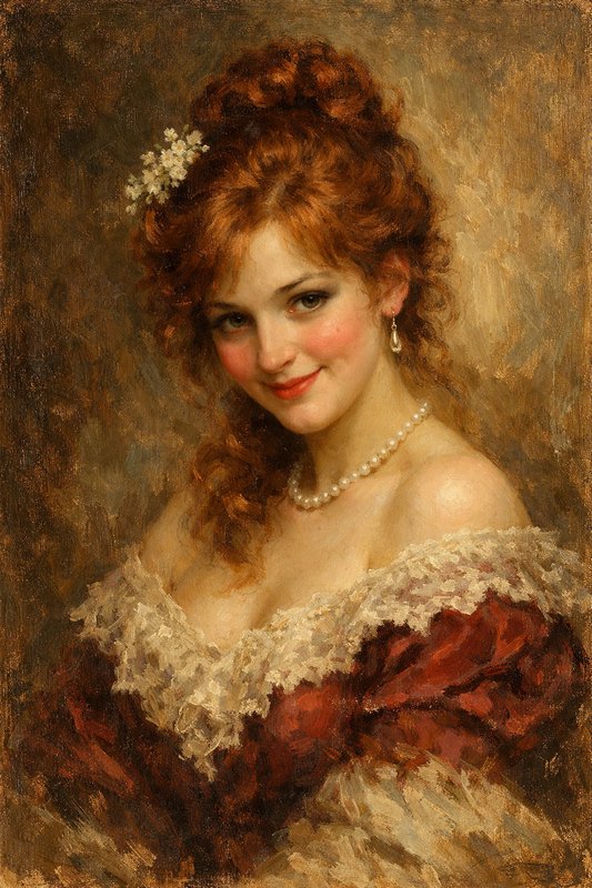 Portrait of a red-haired woman in a lace off-shoulder dress with pearls and a floral hair accessory.