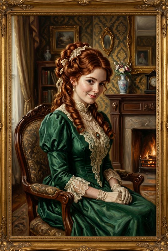Portrait of a young woman in a green Victorian dress with lace, seated in an ornate antique room.
