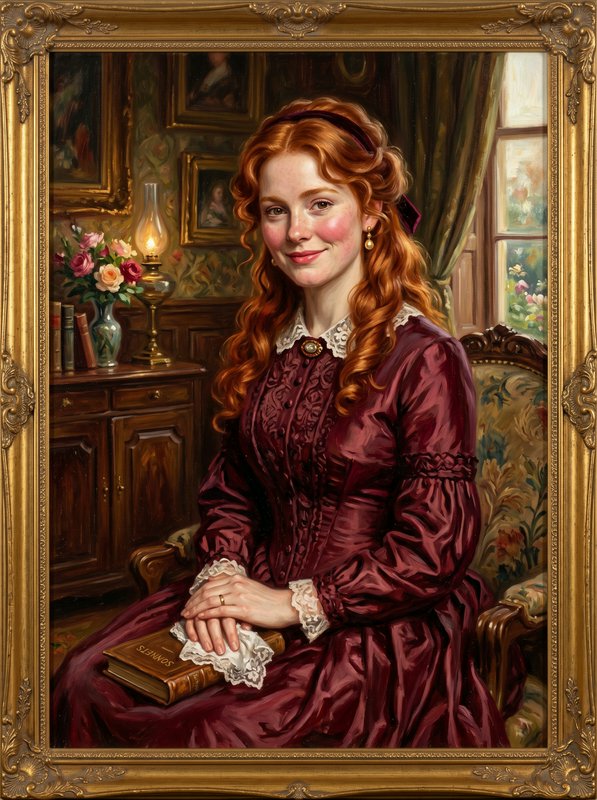 Portrait of a red-haired woman in a burgundy Victorian dress seated indoors.
