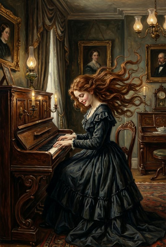 A romantic oil painting depicts a young woman in a | Troxley on ...