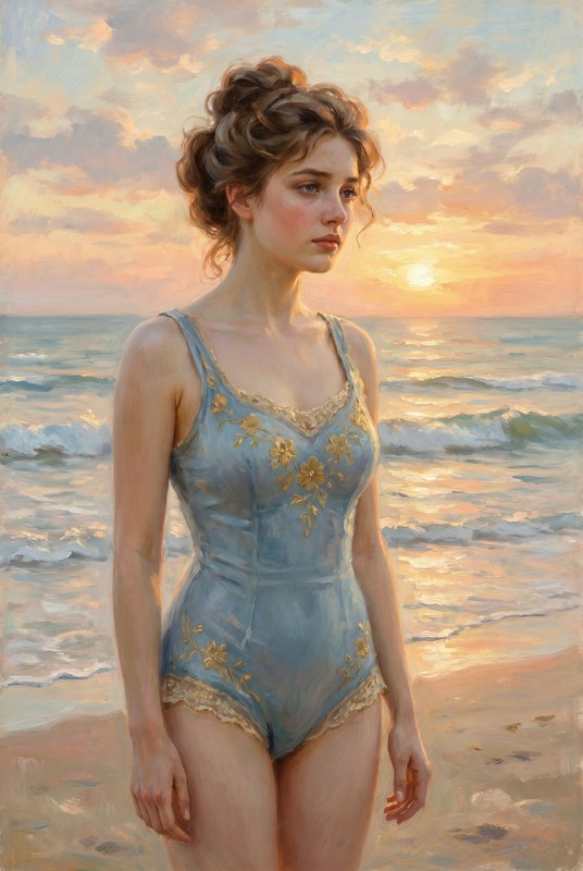 Impressionist painting of a young woman in a blue embroidered swimsuit on a sunlit beach.