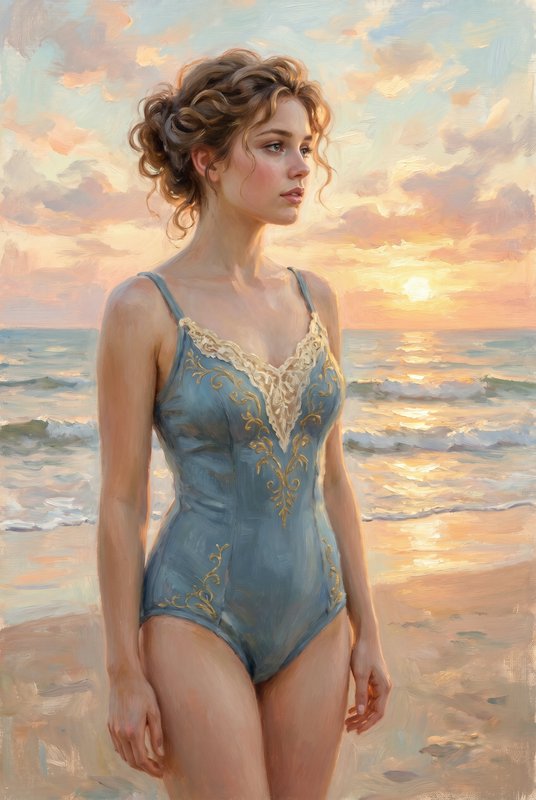 Young woman in a blue embroidered vintage swimsuit on a beach at sunset.