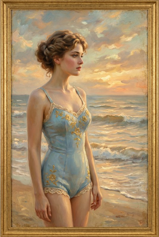 Woman in a light blue vintage swimsuit standing on the beach at sunset, framed portrait-style.