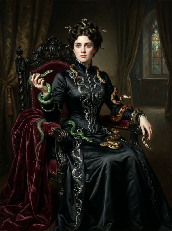Regal woman in a black ornate gown with silver embroidery, serpents entwined in her hair and around her throne.