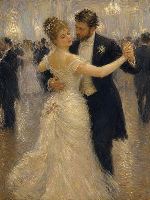 Couple dancing at a ballroom, woman in a white gown and man in a tuxedo.