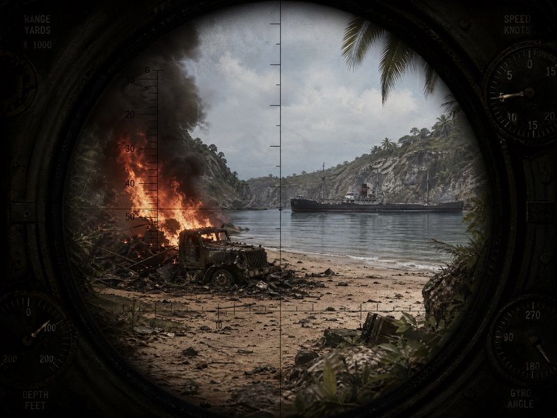 Burning jeep on a tropical beach viewed through a rifle scope with a ship offshore.