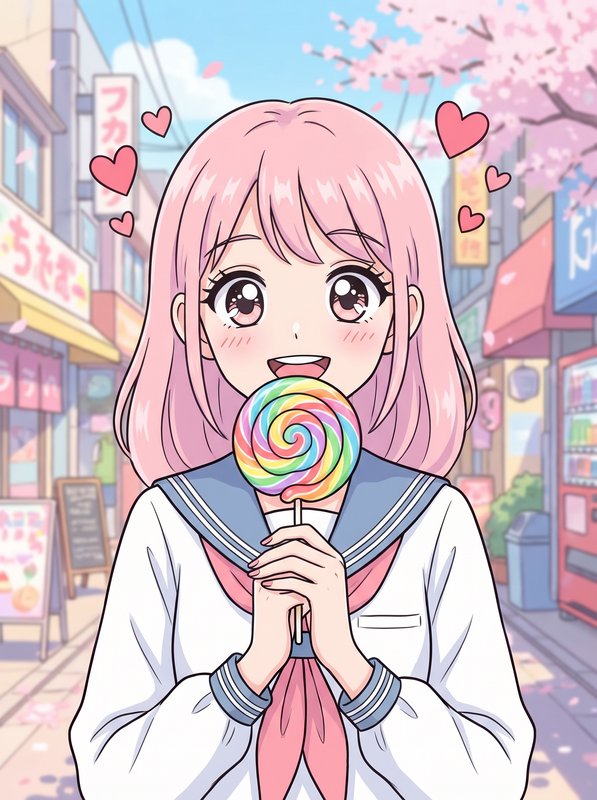 Young anime girl with pink hair in a sailor uniform holding a rainbow lollipop on a colorful city street.