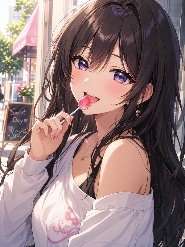 Anime-style girl with long dark hair and purple eyes licking a pink lollipop outdoors.