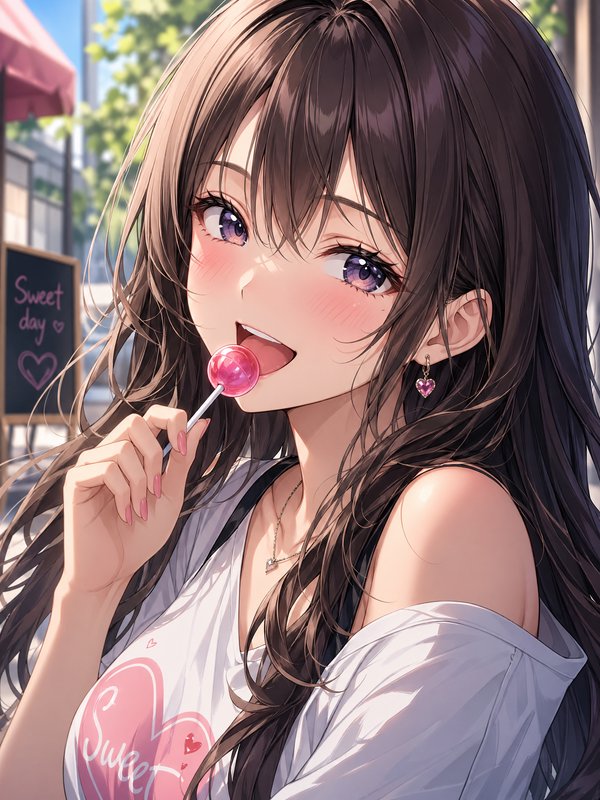 Anime girl with long brown hair licking a pink lollipop in a sunny outdoor cafe scene.
