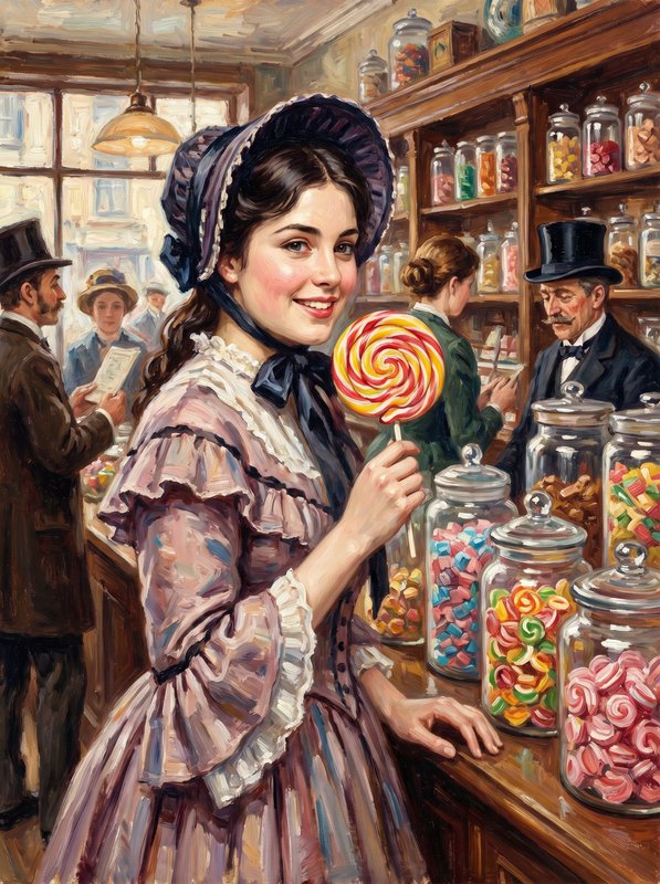 Young woman in vintage dress at a candy shop holding a colorful lollipop.