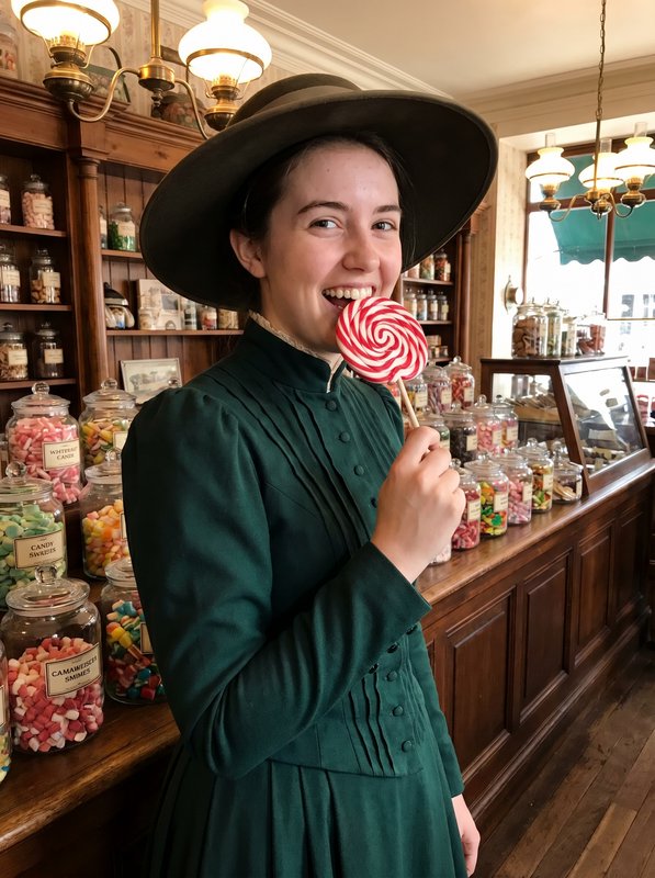 Woman in a vintage green dress and wide hat enjoying a peppermint lollipop in a classic candy shop.