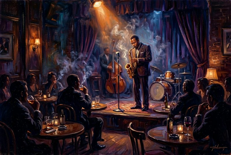 Jazz saxophonist on stage in a smoky bar, warm lighting, audience at round tables.