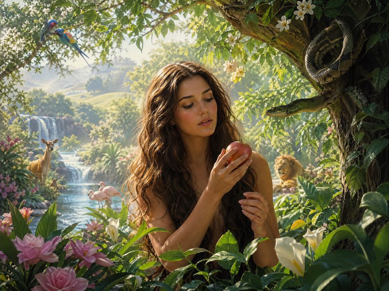 Woman in a lush jungle garden holding a red apple, with greenery and wildlife in the background.