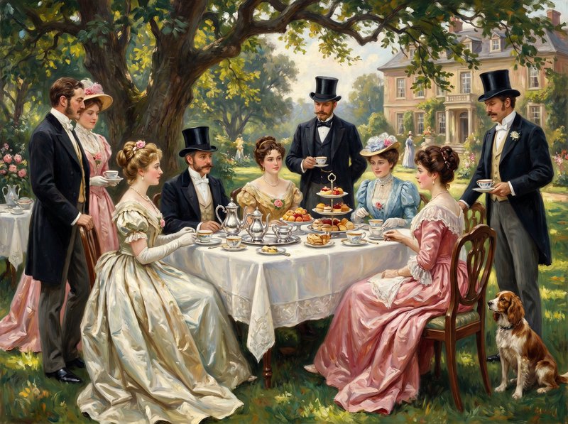 Elegant 19th-century outdoor tea party with aristocrats and waiters under a tree.