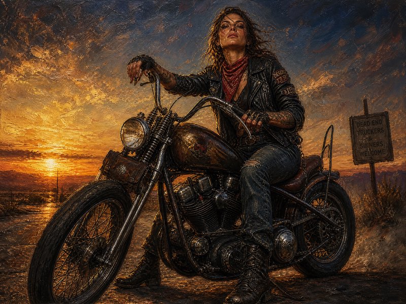 Woman biker on a rugged motorcycle at sunset, wearing leather jacket and red bandana.