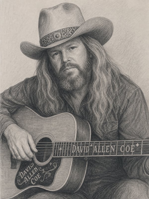 Pencil sketch of country singer David Allan Coe with a wide hat and acoustic guitar.
